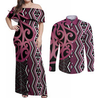 Maori Taniko Patterns Couples Matching Off Shoulder Maxi Dress and Long Sleeve Button Shirt Pink Patiki Motifs Mix Whakairo Ngaru