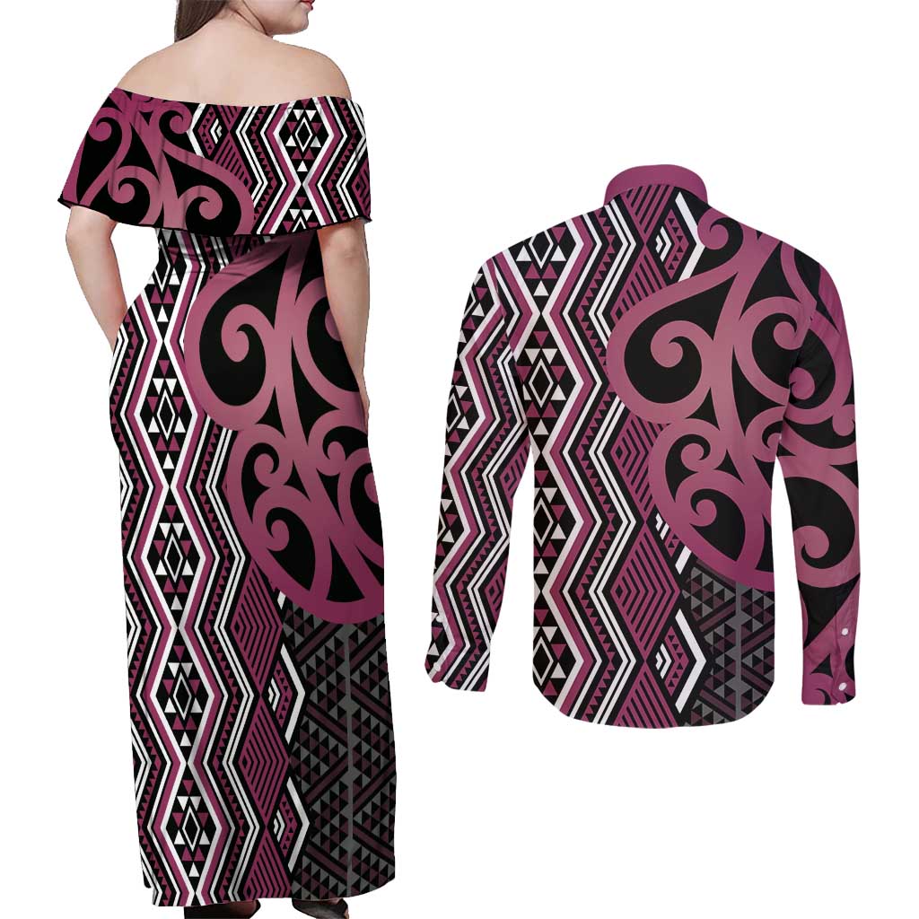 Maori Taniko Patterns Couples Matching Off Shoulder Maxi Dress and Long Sleeve Button Shirt Pink Patiki Motifs Mix Whakairo Ngaru