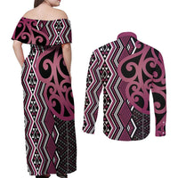 Maori Taniko Patterns Couples Matching Off Shoulder Maxi Dress and Long Sleeve Button Shirt Pink Patiki Motifs Mix Whakairo Ngaru