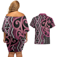 Maori Taniko Patterns Couples Matching Off Shoulder Short Dress and Hawaiian Shirt Pink Patiki Motifs Mix Whakairo Ngaru