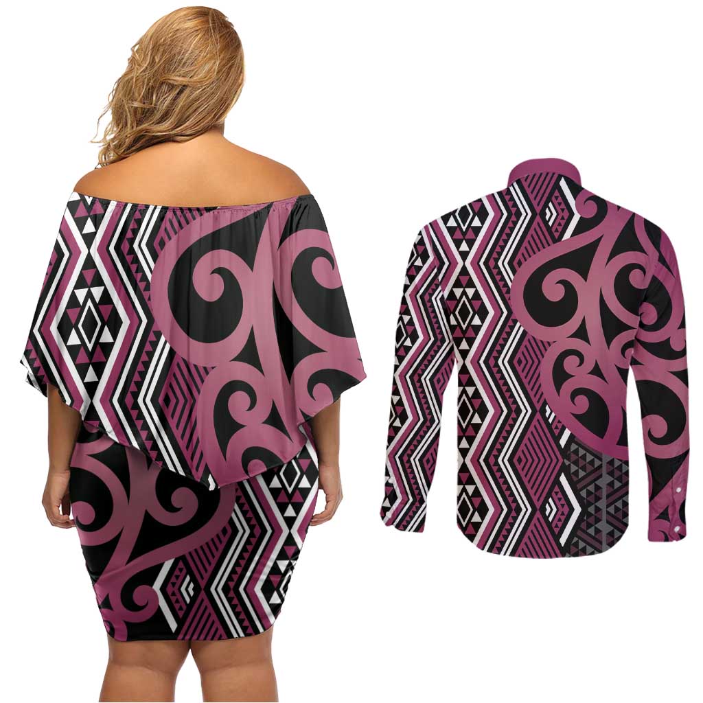 Maori Taniko Patterns Couples Matching Off Shoulder Short Dress and Long Sleeve Button Shirt Pink Patiki Motifs Mix Whakairo Ngaru