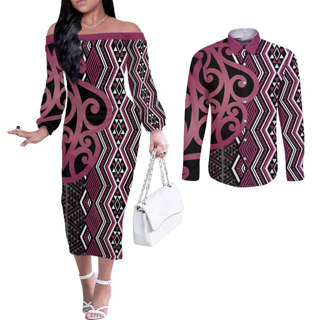 Maori Taniko Patterns Couples Matching Off The Shoulder Long Sleeve Dress and Long Sleeve Button Shirt Pink Patiki Motifs Mix Whakairo Ngaru