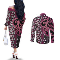 Maori Taniko Patterns Couples Matching Off The Shoulder Long Sleeve Dress and Long Sleeve Button Shirt Pink Patiki Motifs Mix Whakairo Ngaru