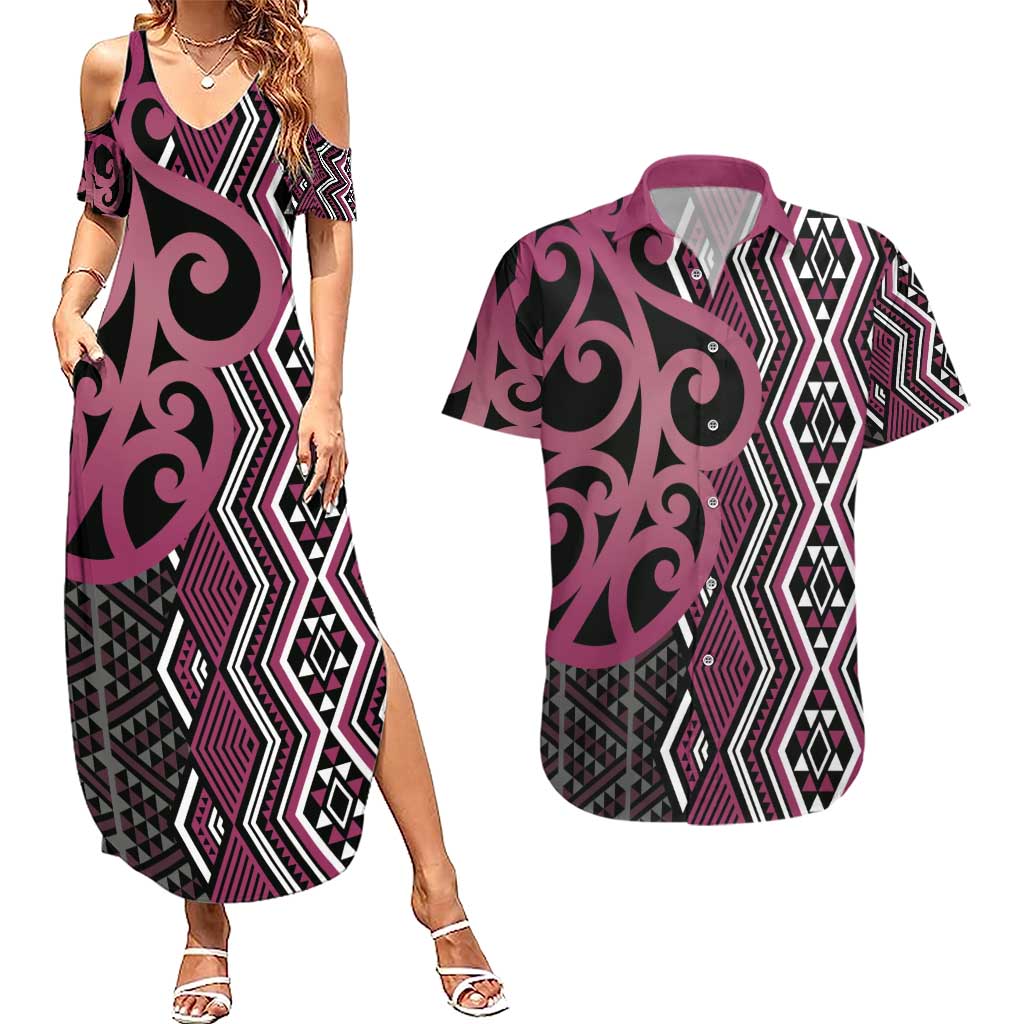 Maori Taniko Patterns Couples Matching Summer Maxi Dress and Hawaiian Shirt Pink Patiki Motifs Mix Whakairo Ngaru