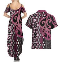 Maori Taniko Patterns Couples Matching Summer Maxi Dress and Hawaiian Shirt Pink Patiki Motifs Mix Whakairo Ngaru