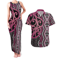 Maori Taniko Patterns Couples Matching Tank Maxi Dress and Hawaiian Shirt Pink Patiki Motifs Mix Whakairo Ngaru