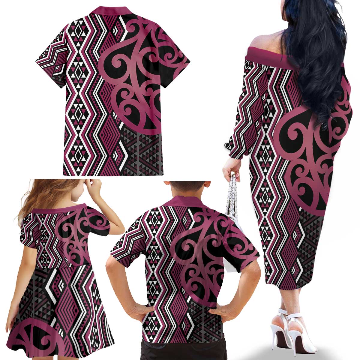 Maori Taniko Patterns Family Matching Off The Shoulder Long Sleeve Dress and Hawaiian Shirt Pink Patiki Motifs Mix Whakairo Ngaru