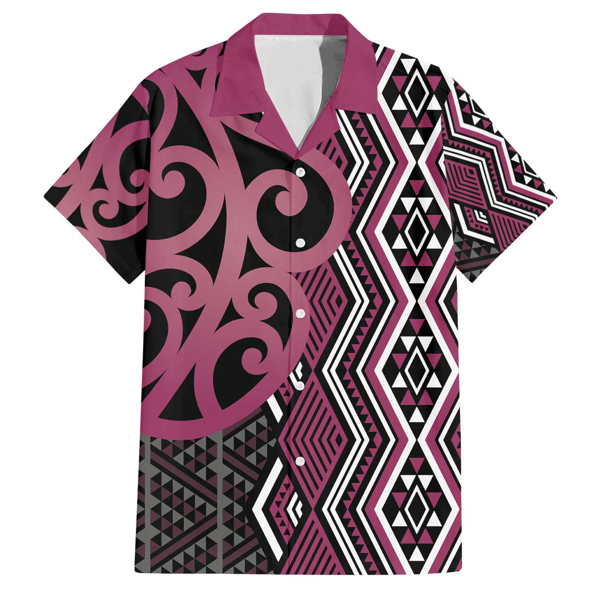 Maori Taniko Patterns Family Matching Off The Shoulder Long Sleeve Dress and Hawaiian Shirt Pink Patiki Motifs Mix Whakairo Ngaru