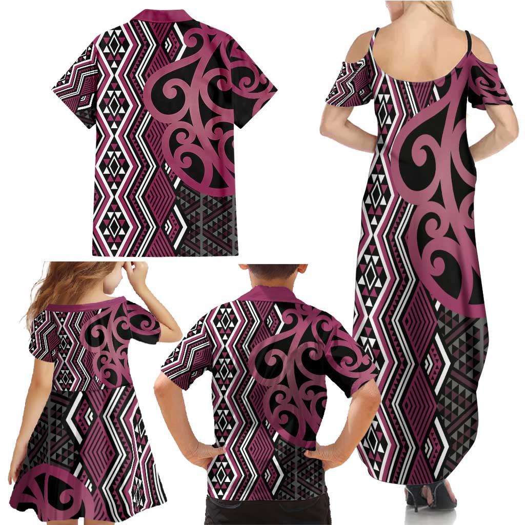 Maori Taniko Patterns Family Matching Summer Maxi Dress and Hawaiian Shirt Pink Patiki Motifs Mix Whakairo Ngaru