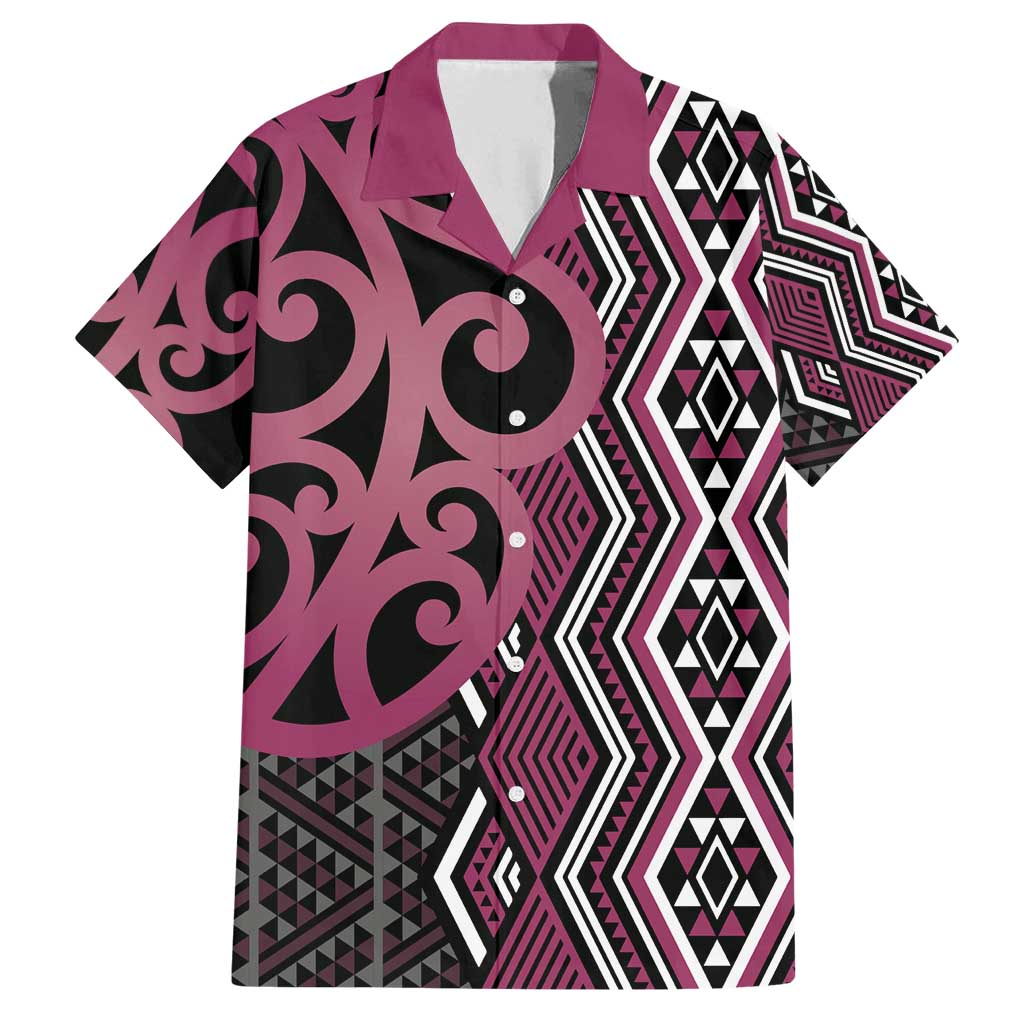 Maori Taniko Patterns Family Matching Tank Maxi Dress and Hawaiian Shirt Pink Patiki Motifs Mix Whakairo Ngaru