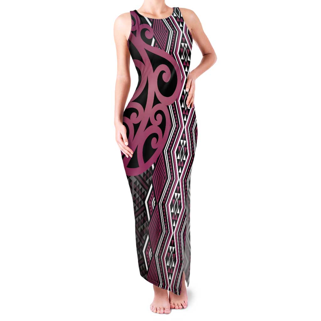 Maori Taniko Patterns Family Matching Tank Maxi Dress and Hawaiian Shirt Pink Patiki Motifs Mix Whakairo Ngaru