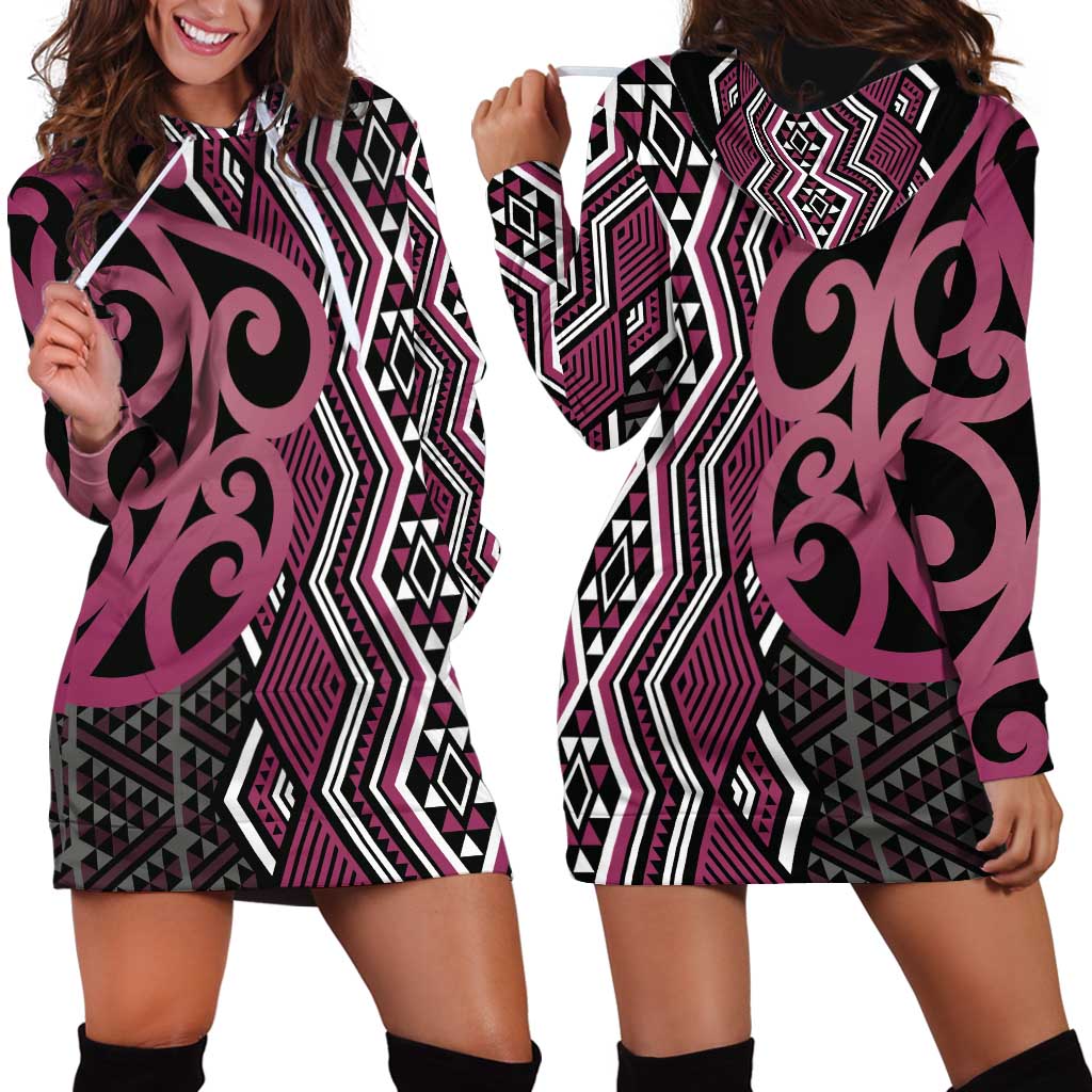Maori Taniko Patterns Hoodie Dress Pink Patiki Motifs Mix Whakairo Ngaru
