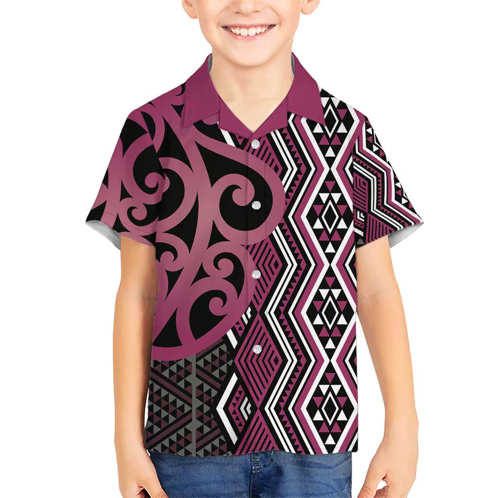 Maori Taniko Patterns Kid Hawaiian Shirt Pink Patiki Motifs Mix Whakairo Ngaru LT7 Kid Pink - Polynesian Pride