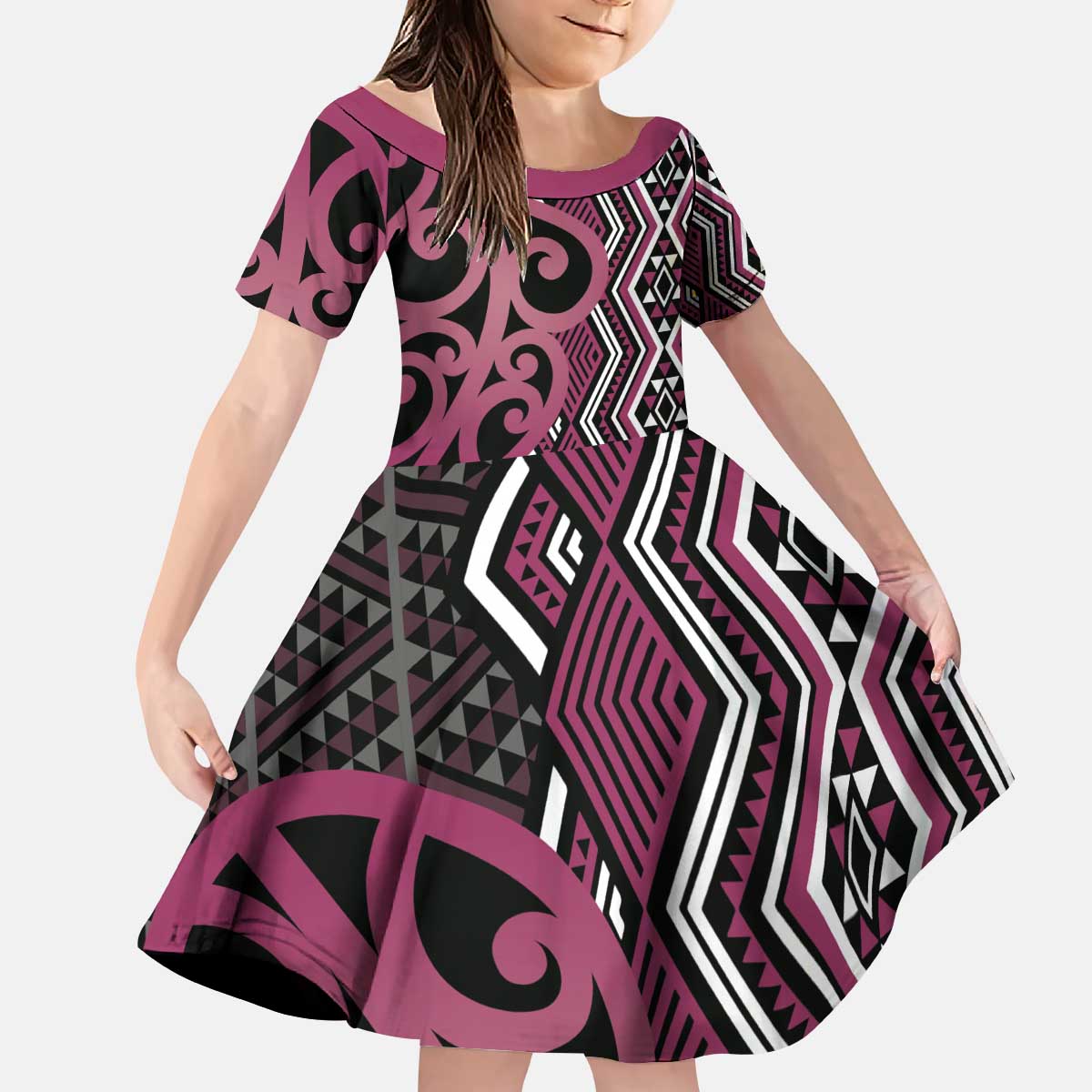 Maori Taniko Patterns Kid Short Sleeve Dress Pink Patiki Motifs Mix Whakairo Ngaru