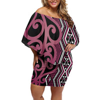 Maori Taniko Patterns Off Shoulder Short Dress Pink Patiki Motifs Mix Whakairo Ngaru