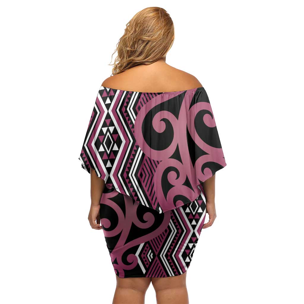 Maori Taniko Patterns Off Shoulder Short Dress Pink Patiki Motifs Mix Whakairo Ngaru