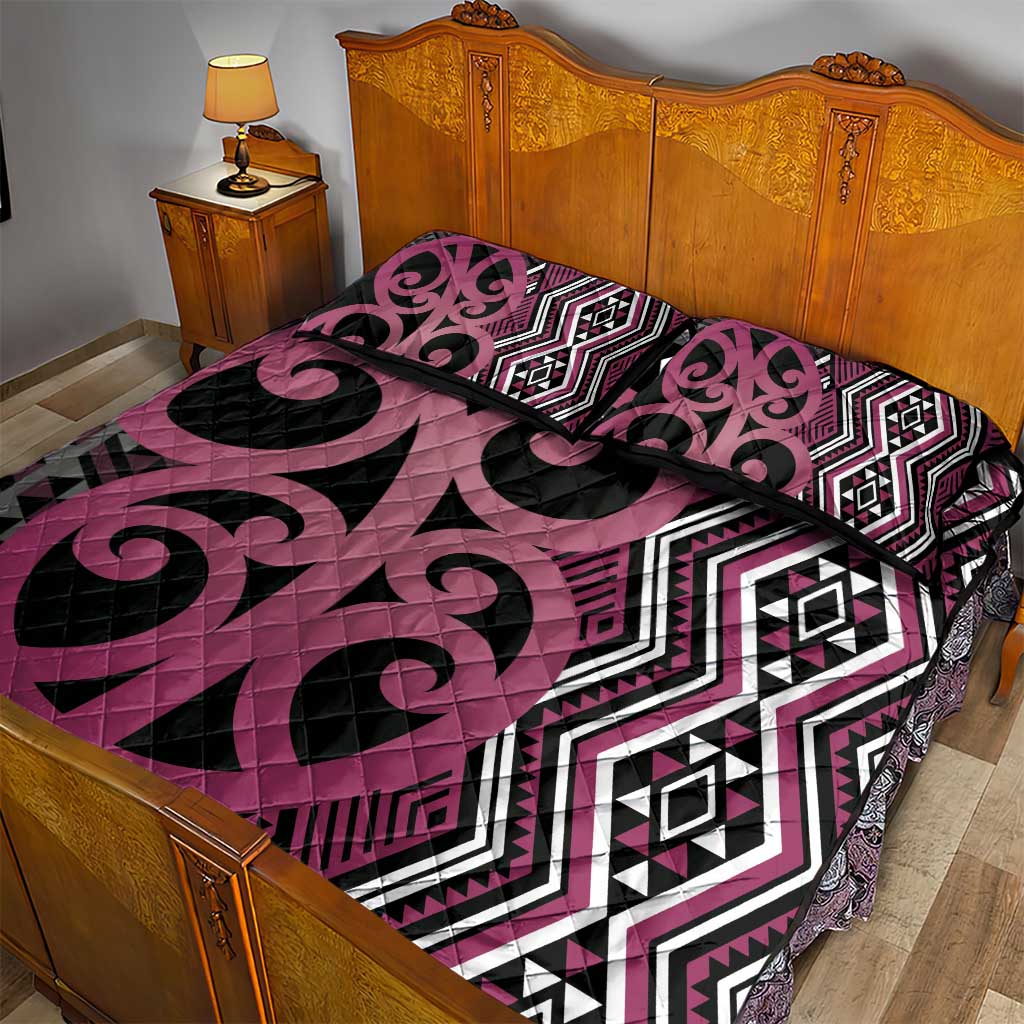Maori Taniko Patterns Quilt Bed Set Pink Patiki Motifs Mix Whakairo Ngaru