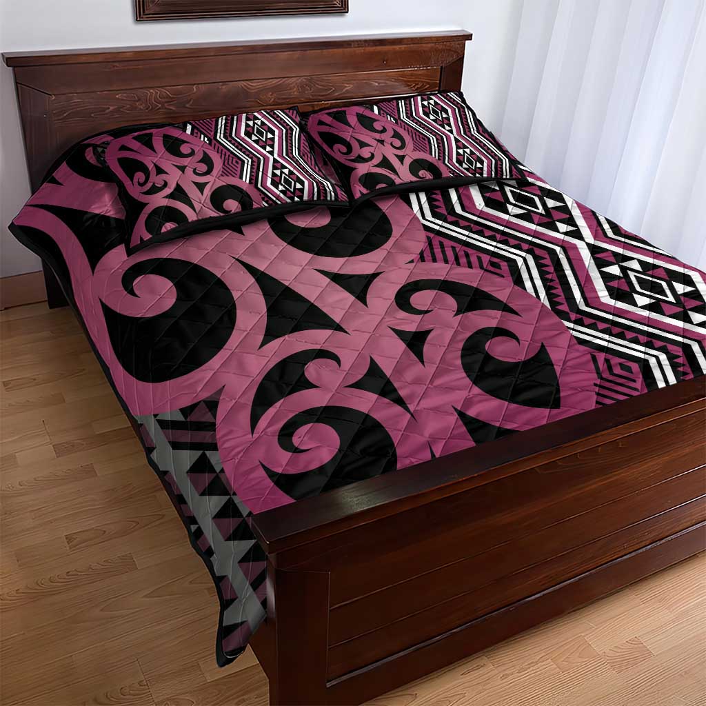 Maori Taniko Patterns Quilt Bed Set Pink Patiki Motifs Mix Whakairo Ngaru