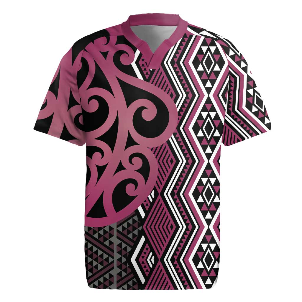 Maori Taniko Patterns Rugby Jersey Pink Patiki Motifs Mix Whakairo Ngaru