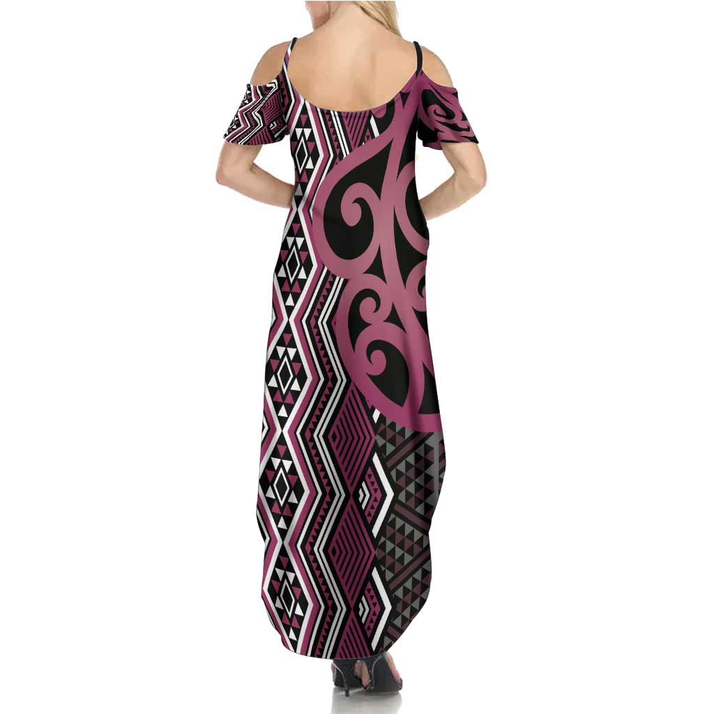 Maori Taniko Patterns Summer Maxi Dress Pink Patiki Motifs Mix Whakairo Ngaru
