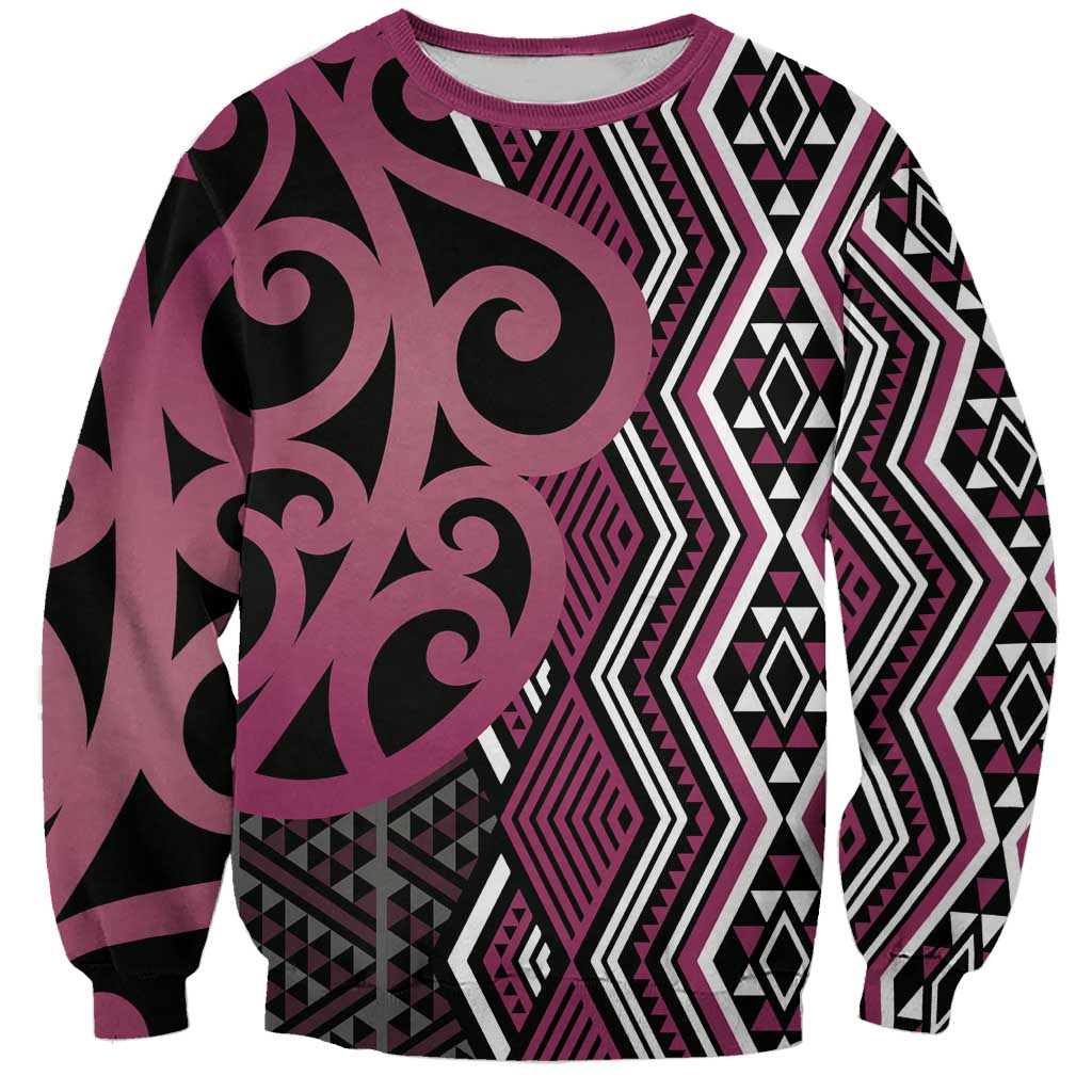 Maori Taniko Patterns Sweatshirt Pink Patiki Motifs Mix Whakairo Ngaru