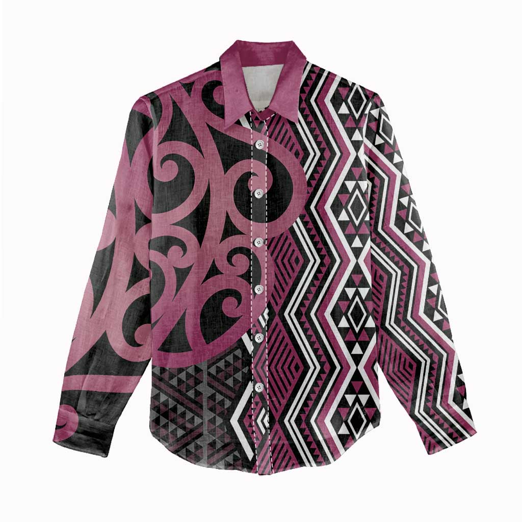 Maori Taniko Patterns Women Casual Shirt Pink Patiki Motifs Mix Whakairo Ngaru