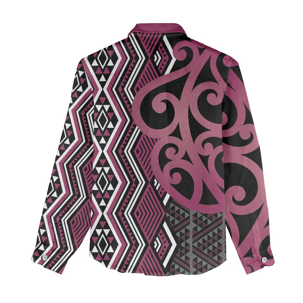 Maori Taniko Patterns Women Casual Shirt Pink Patiki Motifs Mix Whakairo Ngaru