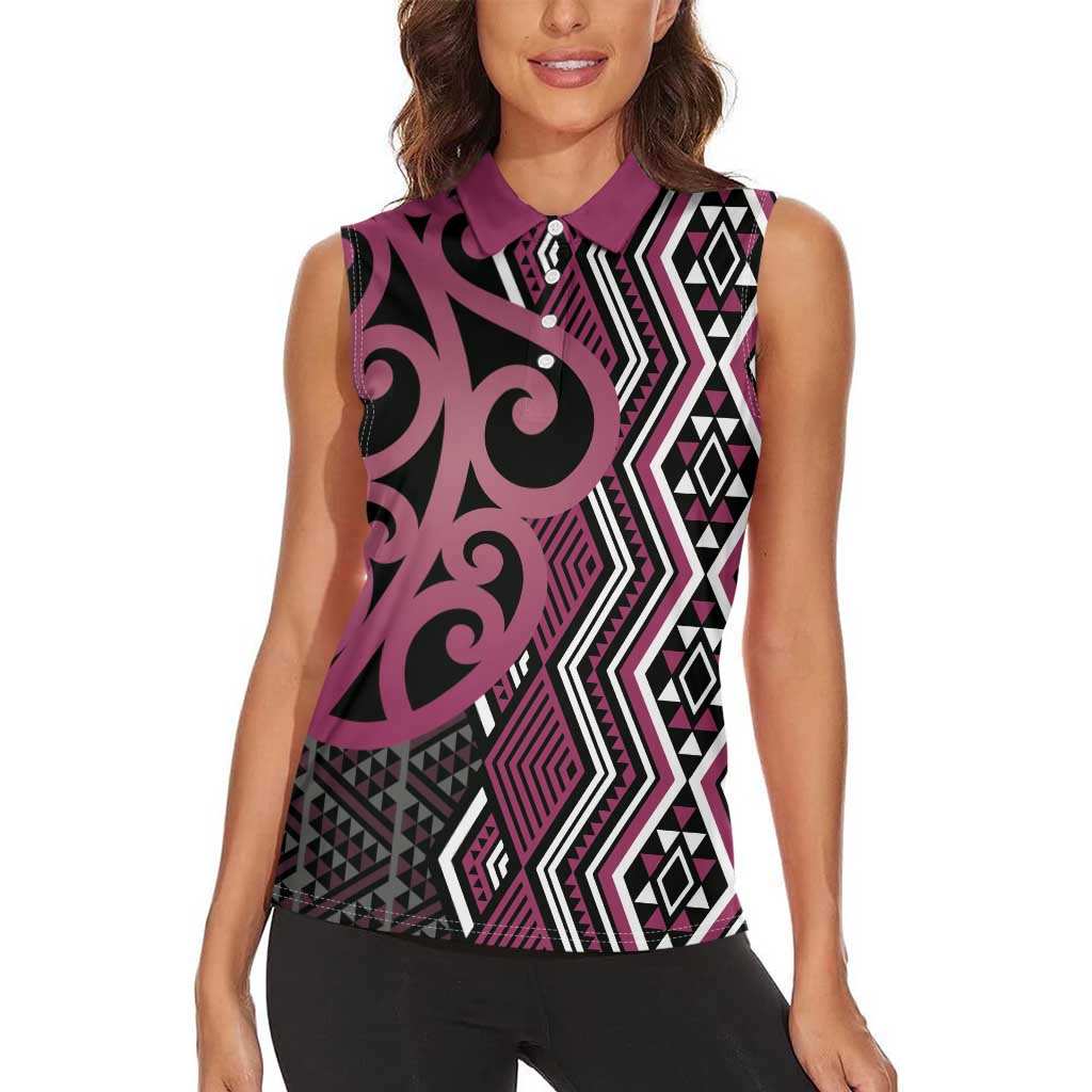 Maori Taniko Patterns Women Sleeveless Polo Shirt Pink Patiki Motifs Mix Whakairo Ngaru
