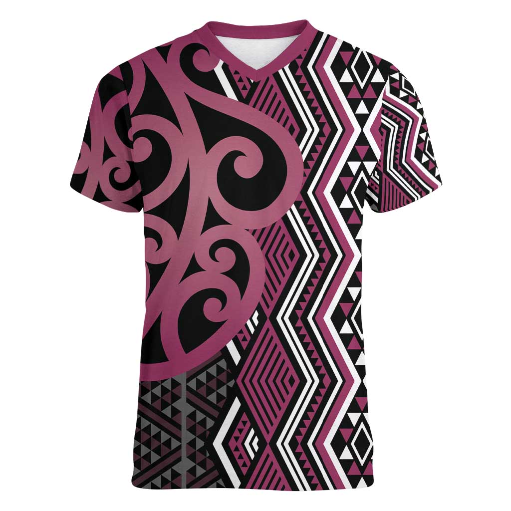 Maori Taniko Patterns Women V-Neck T-Shirt Pink Patiki Motifs Mix Whakairo Ngaru