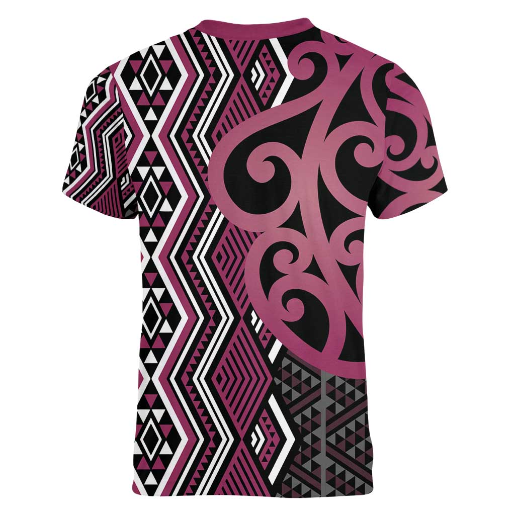 Maori Taniko Patterns Women V-Neck T-Shirt Pink Patiki Motifs Mix Whakairo Ngaru
