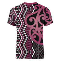 Maori Taniko Patterns Women V-Neck T-Shirt Pink Patiki Motifs Mix Whakairo Ngaru