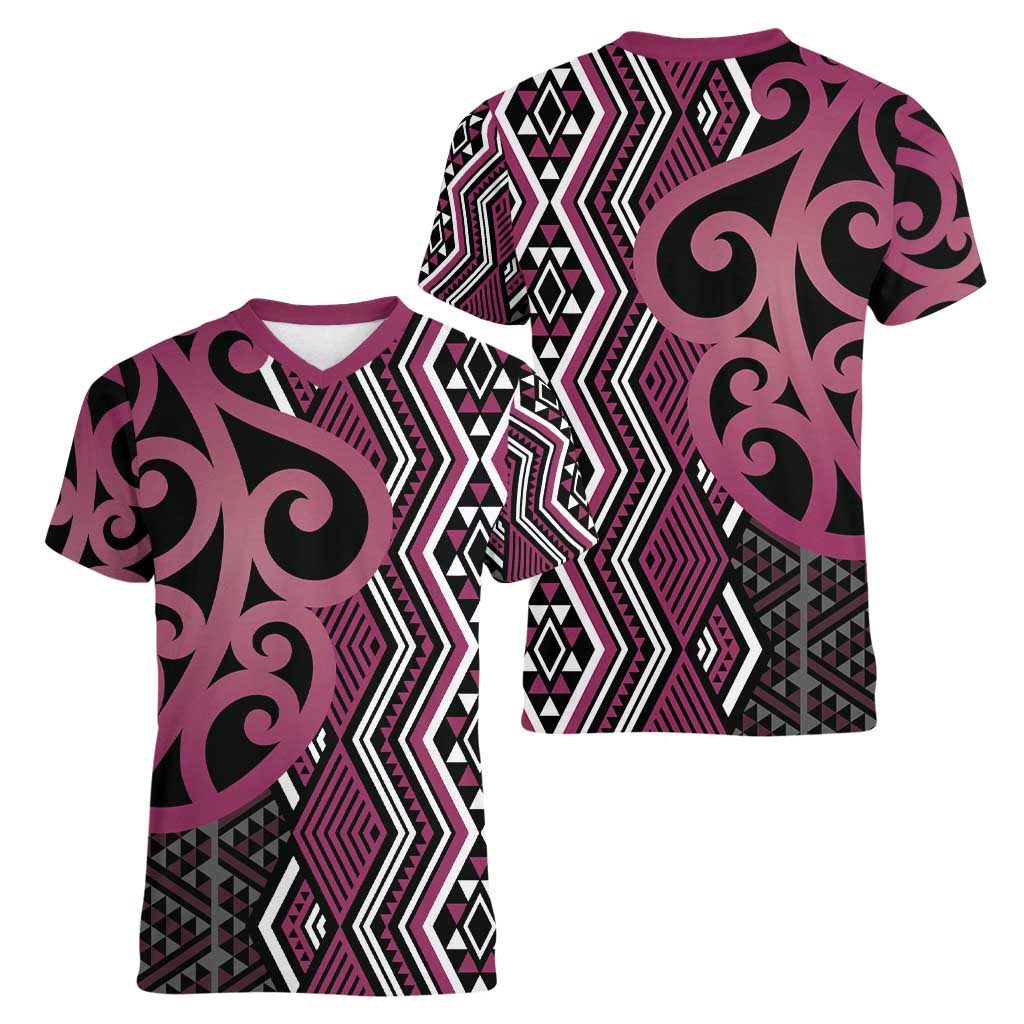 Maori Taniko Patterns Women V-Neck T-Shirt Pink Patiki Motifs Mix Whakairo Ngaru