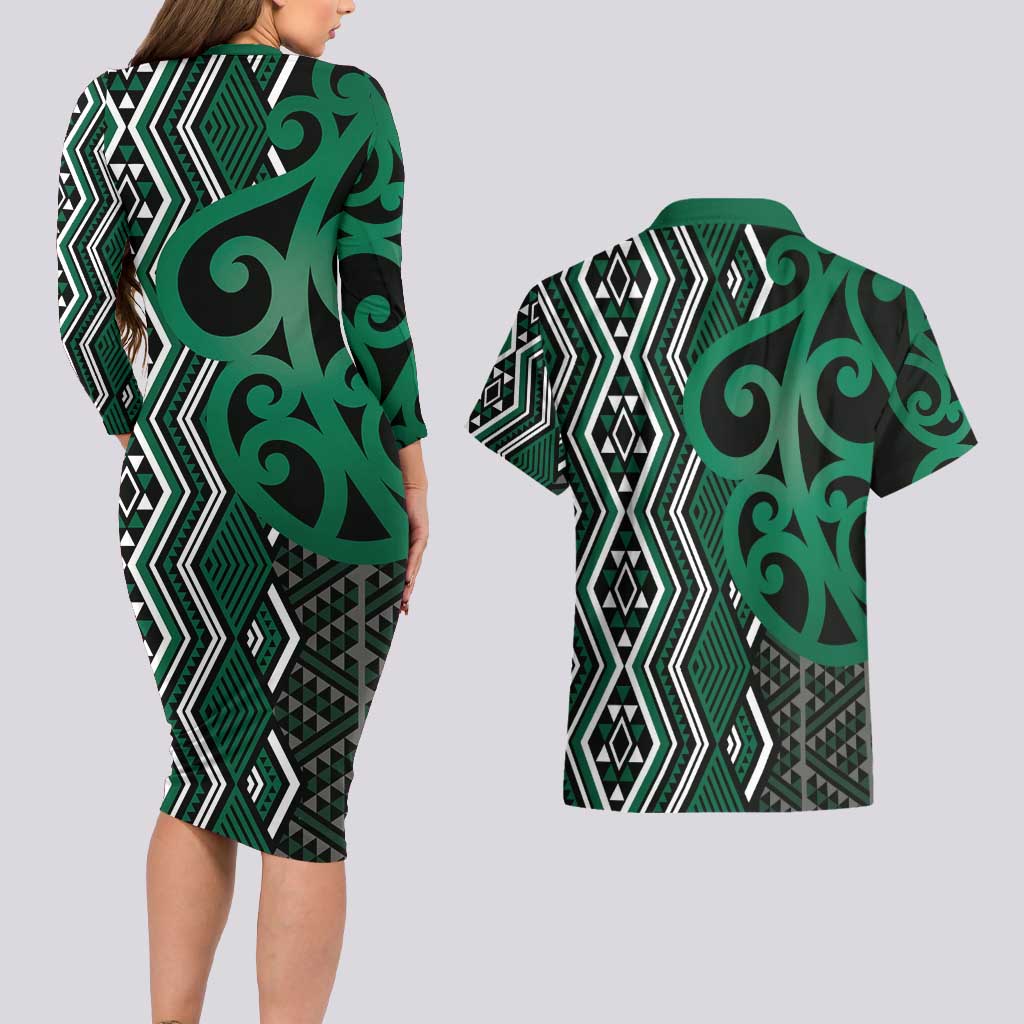 Maori Taniko Patterns Couples Matching Long Sleeve Bodycon Dress and Hawaiian Shirt Pounamu Patiki Motifs Mix Whakairo Ngaru