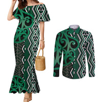 Maori Taniko Patterns Couples Matching Mermaid Dress and Long Sleeve Button Shirt Pounamu Patiki Motifs Mix Whakairo Ngaru