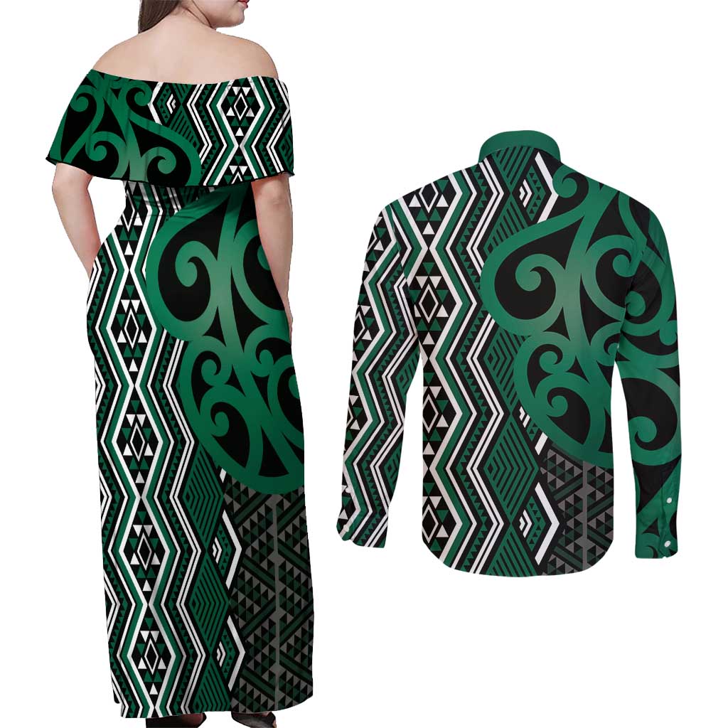 Maori Taniko Patterns Couples Matching Off Shoulder Maxi Dress and Long Sleeve Button Shirt Pounamu Patiki Motifs Mix Whakairo Ngaru