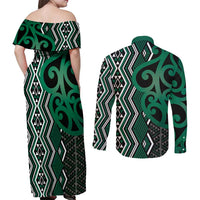 Maori Taniko Patterns Couples Matching Off Shoulder Maxi Dress and Long Sleeve Button Shirt Pounamu Patiki Motifs Mix Whakairo Ngaru