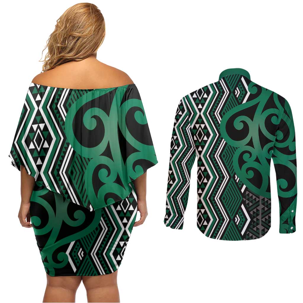 Maori Taniko Patterns Couples Matching Off Shoulder Short Dress and Long Sleeve Button Shirt Pounamu Patiki Motifs Mix Whakairo Ngaru