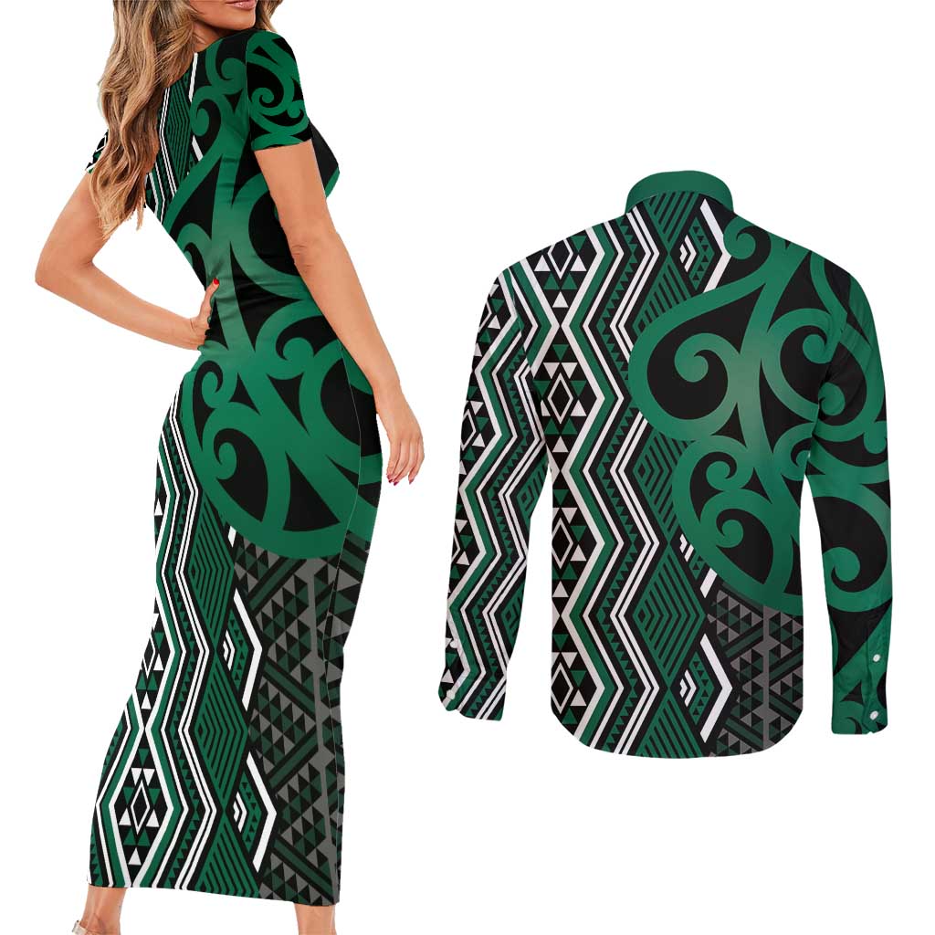 Maori Taniko Patterns Couples Matching Short Sleeve Bodycon Dress and Long Sleeve Button Shirt Pounamu Patiki Motifs Mix Whakairo Ngaru