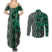 Maori Taniko Patterns Couples Matching Summer Maxi Dress and Long Sleeve Button Shirt Pounamu Patiki Motifs Mix Whakairo Ngaru