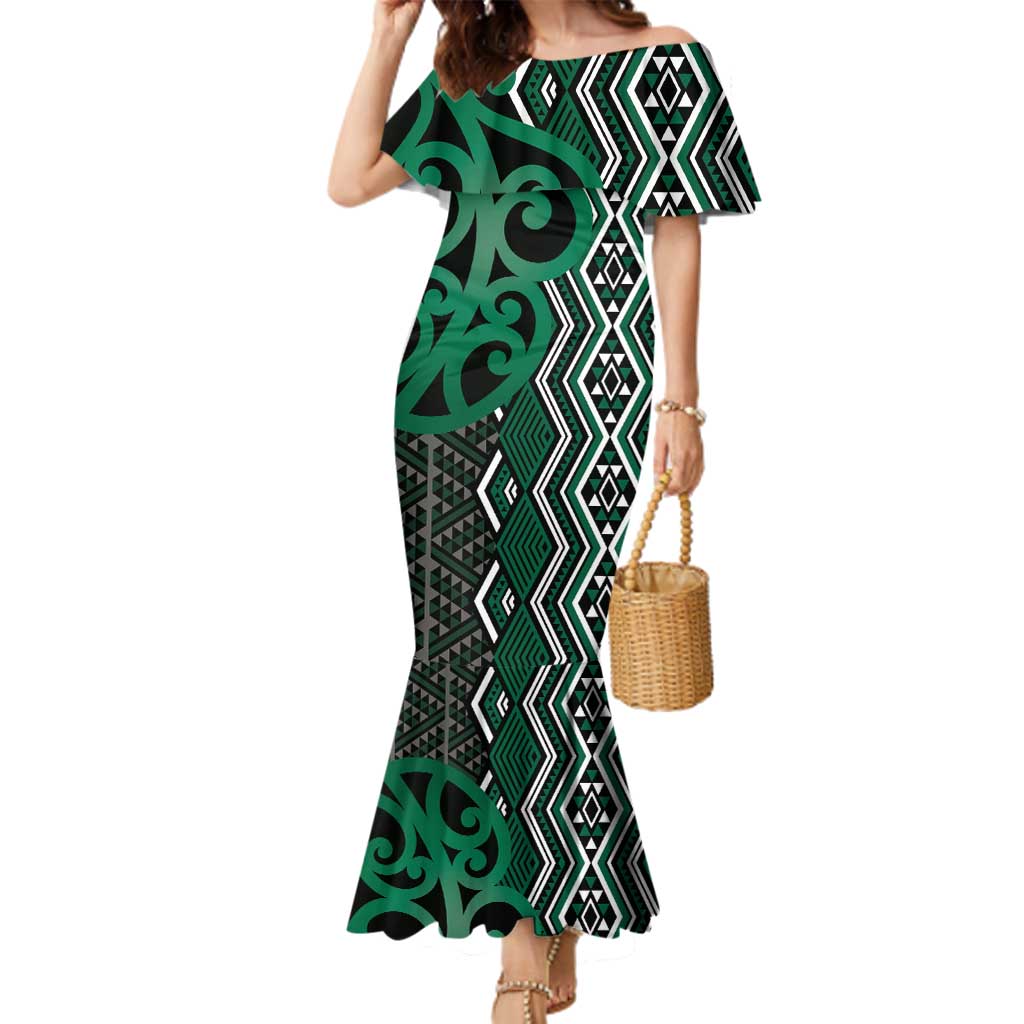 Maori Taniko Patterns Family Matching Mermaid Dress and Hawaiian Shirt Pounamu Patiki Motifs Mix Whakairo Ngaru
