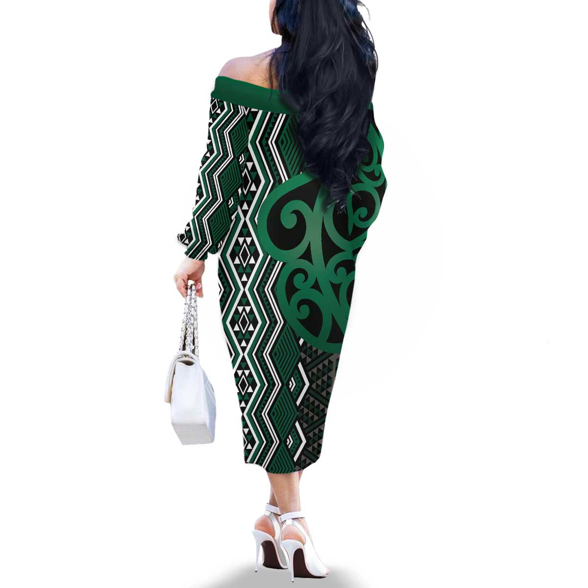 Maori Taniko Patterns Family Matching Off The Shoulder Long Sleeve Dress and Hawaiian Shirt Pounamu Patiki Motifs Mix Whakairo Ngaru