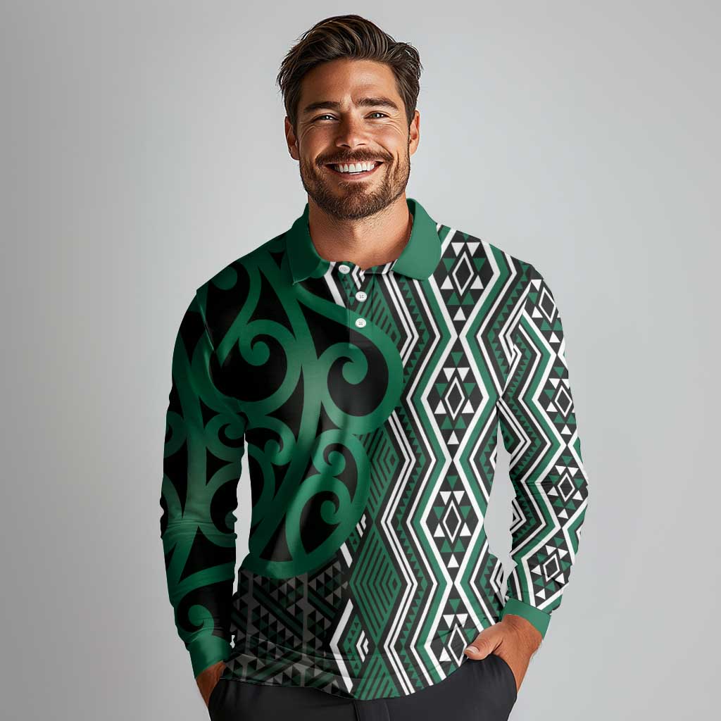 Maori Taniko Patterns Long Sleeve Polo Shirt Pounamu Patiki Motifs Mix Whakairo Ngaru