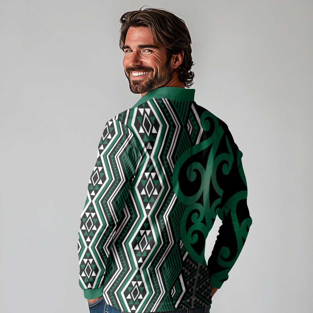 Maori Taniko Patterns Long Sleeve Polo Shirt Pounamu Patiki Motifs Mix Whakairo Ngaru