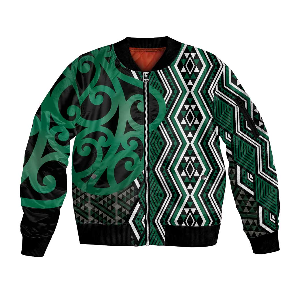 Maori Taniko Patterns Sleeve Zip Bomber Jacket Pounamu Patiki Motifs Mix Whakairo Ngaru LT7 Unisex Green - Polynesian Pride