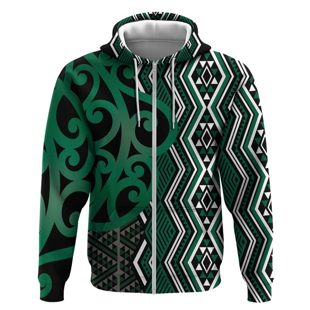 Maori Taniko Patterns Zip Hoodie Pounamu Patiki Motifs Mix Whakairo Ngaru LT7 Zip Hoodie Green - Polynesian Pride