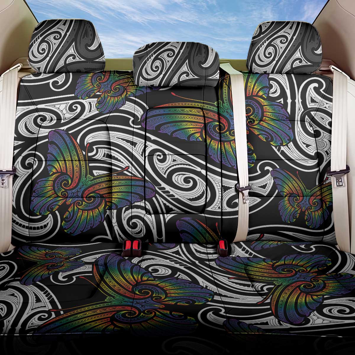 Aotearoa Takatapui Pride Back Car Seat Cover Rainbow Butterfly - Free To Love LT7 One Size Black - Polynesian Pride