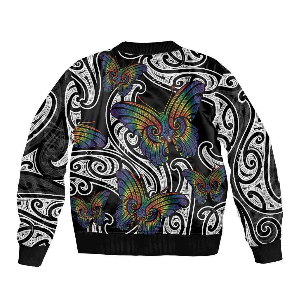 Aotearoa Takatapui Pride Bomber Jacket Rainbow Butterfly - Free To Love