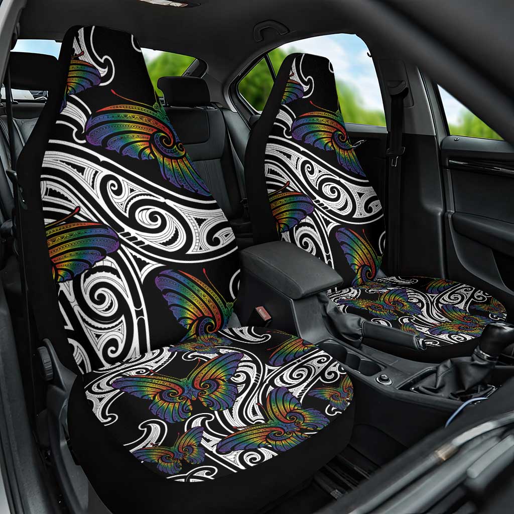 Aotearoa Takatapui Pride Car Seat Cover Rainbow Butterfly - Free To Love LT7 One Size Black - Polynesian Pride
