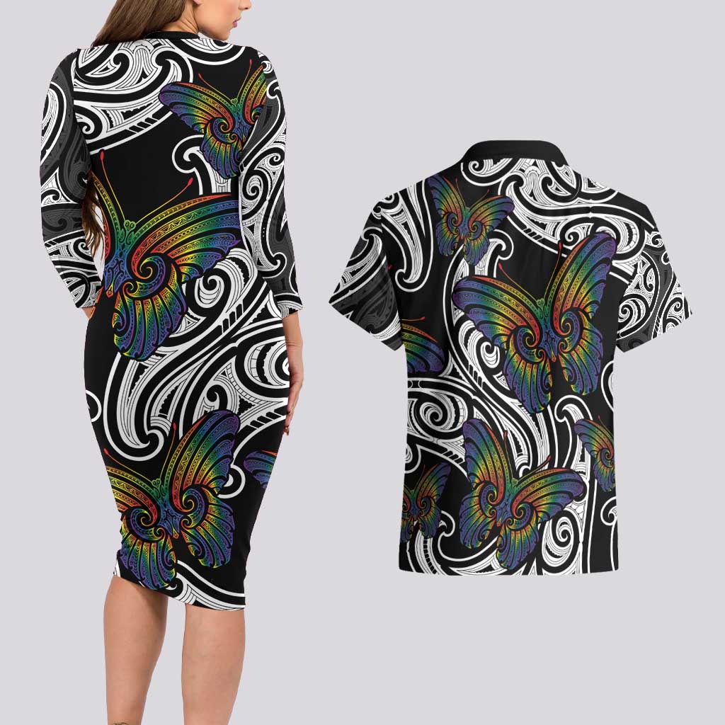 Aotearoa Takatapui Pride Couples Matching Long Sleeve Bodycon Dress and Hawaiian Shirt Rainbow Butterfly - Free To Love