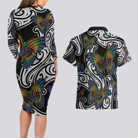 Aotearoa Takatapui Pride Couples Matching Long Sleeve Bodycon Dress and Hawaiian Shirt Rainbow Butterfly - Free To Love